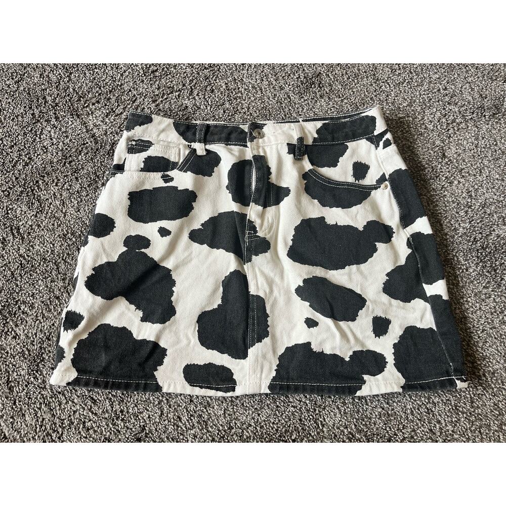 Shein White Black Cow Print Denim Mini Skirt Size M Western Country Cowgirl JJ